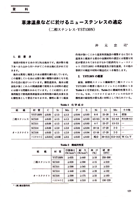 Adaptation of new stainless steel at Kusatsu hot spring and other places Duplex stainless steel YST130N, Journal of the Society of Engineers for Mineral Springs